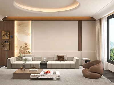 Elegant Warm New Chinese Style Living Room With Spacious Sectional Sofa And Exquisite Wall Decor 3d model