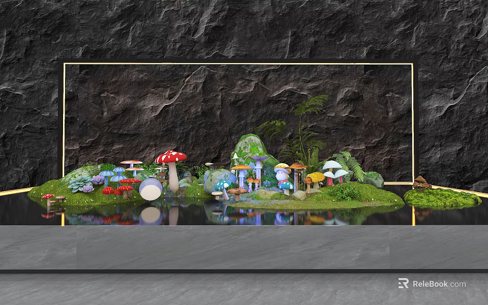 Miniature Landscape Scene With Golden Frame Dark Rock Background Mushrooms Small House And Water Reflection 3d model 