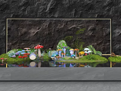 Miniature Landscape Scene With Golden Frame Dark Rock Background Mushrooms Small House And Water Reflection 3d model