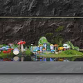 Miniature Landscape Scene With Golden Frame Dark Rock Background Mushrooms Small House And Water Reflection