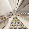 Modern Dining Hall With Buffet Food Spread And Kitchen Station 3d model