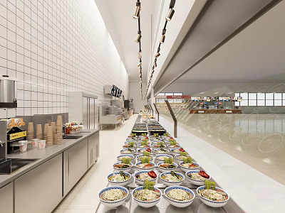 Modern Dining Hall With Buffet Food Spread And Kitchen Station 3d model