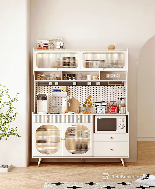 Modern White Sideboard With Polka Dot Backboard Open Shelves Coffee Maker And Fruits 3d model 