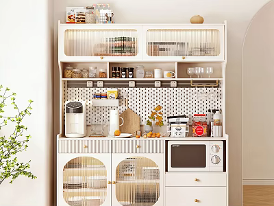 Modern White Sideboard With Polka Dot Backboard Open Shelves Coffee Maker And Fruits 3d model