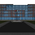 Modern Office Building With Glass Curtain Walls Front Water Pool Surrounding Greenery and Pedestrians