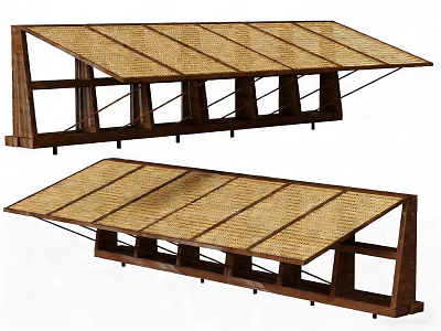 Two Outdoor Wooden Frame Sunshades With Natural Woven Top Sloped Design 3d model