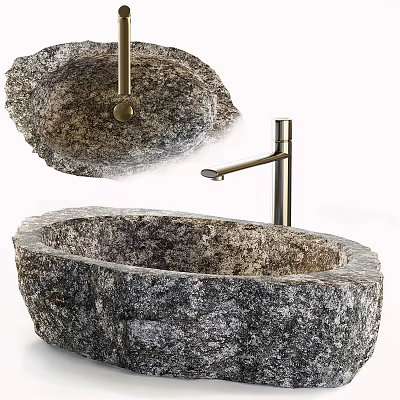 Natural Stone Washbasin With Rough Texture And Modern Metal Faucet Design 3d model