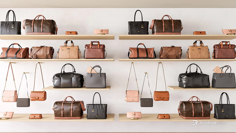 Stylish Leather Bags Displayed On Wooden Shelves Various Colors And Styles For Fashion Accessories 3d model 