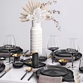 Elegant Tableware Set with Black Plates Gold Cutlery Wine Glasses And Linen Napkins