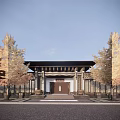 Traditional Entrance Gate Design With Wooden Grilles Stone Steps And Surrounding Trees