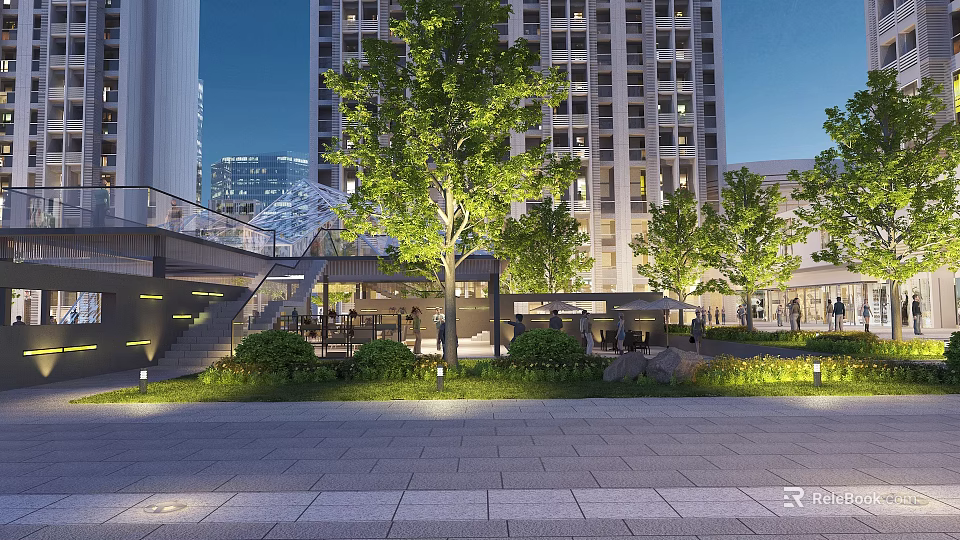 Urban Landscape With Tall Buildings Leafy Trees Paved Square And Evening Illumination 3d model 