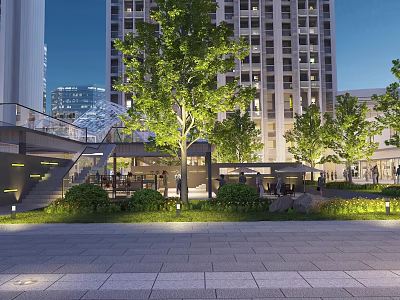 Urban Landscape With Tall Buildings Leafy Trees Paved Square And Evening Illumination 3d model