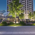 Urban Landscape With Tall Buildings Leafy Trees Paved Square And Evening Illumination