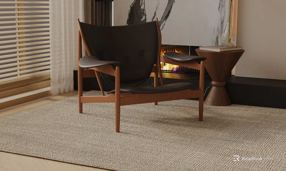 Modern Black Leather Accent Chair With Wooden Frame On Living Room Rug 3d model 