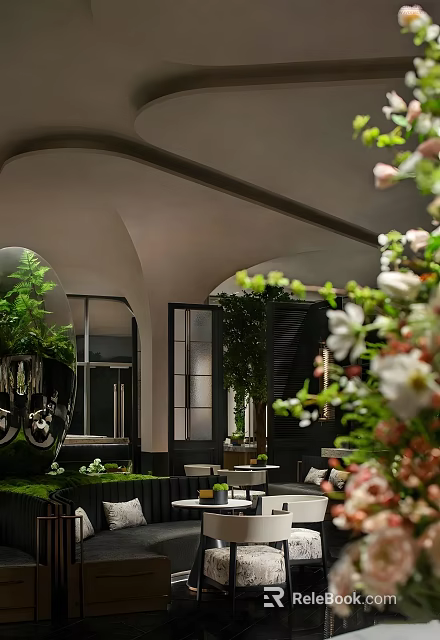 Elegant Modern Sales Office With Arched Ceiling Design And Lush Natural Indoor Green Plants 3d model 