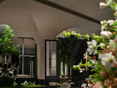 Elegant Modern Sales Office With Arched Ceiling Design And Lush Natural Indoor Green Plants 3d model