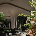 Elegant Modern Sales Office With Arched Ceiling Design And Lush Natural Indoor Green Plants
