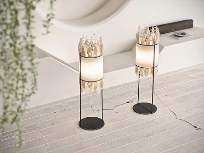 Modern Floor Lamps with Feather Top Decor Black Metal Base and White Lampshades 3d model