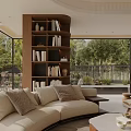 Modern Living Room Interior Design With Beige Sofa Round Rug Bookshelves And Large Windows