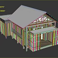 Cartoon Style House with Wooden Structure White Roof Lattice Windows and Open Porch