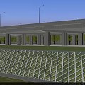 Modern Concrete Bridge Structure With Street Lamps And Green Space Underneath