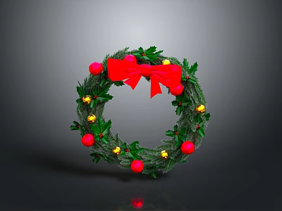Festive Christmas Wreath Decorated With Green Leaves Red Bow And Ornaments On Dark Background 3d model
