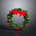 Festive Christmas Wreath Decorated With Green Leaves Red Bow And Ornaments On Dark Background