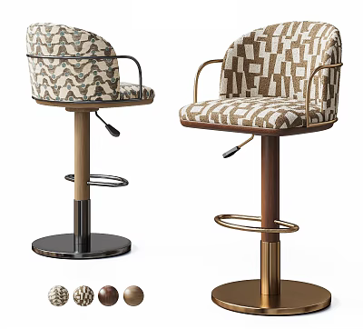 Modern Patterned Fabric Upholstered Adjustable Bar Stools With Metal Armrests For Cozy Home Bar Spaces 3d model