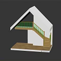 Wooden Staircase With Railing In White House Model Connecting Platform Levels 3d model