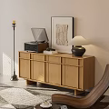 Modern Wooden Console Cabinet with Vinyl Record Player Books Table Lamp and Decorative Painting