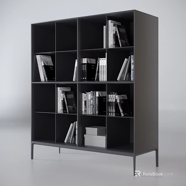 Sleek Modern Bookcase With Multi Compartment Shelves Holding Books And Storage Boxes 3d model
