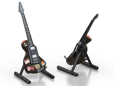 Vintage Electric Guitars with Artistic Stickers on Wooden Stands for 3d model