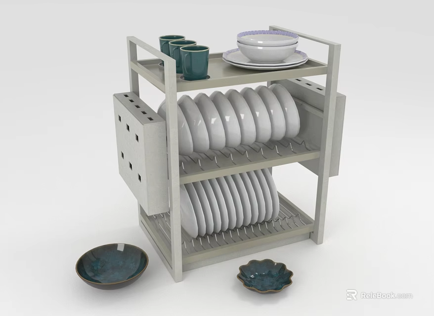 Multi Tiered Kitchen Dish Rack With White Plates Green Cups And Bowls 3d model 