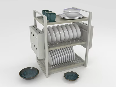 Multi Tiered Kitchen Dish Rack With White Plates Green Cups And Bowls 3d model
