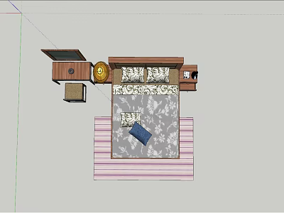 Double Bed Bedroom Interior With Patterned Bedding Pillows Bedside Lamps And Striped Floor 3d model
