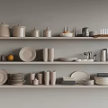 Modern Kitchen Shelf With Ceramic Jars Plates Mugs And Dinnerware Storage 3d model