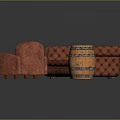 Red Checkered Sofa With Wooden Barrel And Red Armchair In Interior