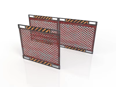 Multiple Red Metal Mesh Safety Barriers With Black Yellow Warning Stripes 3d model