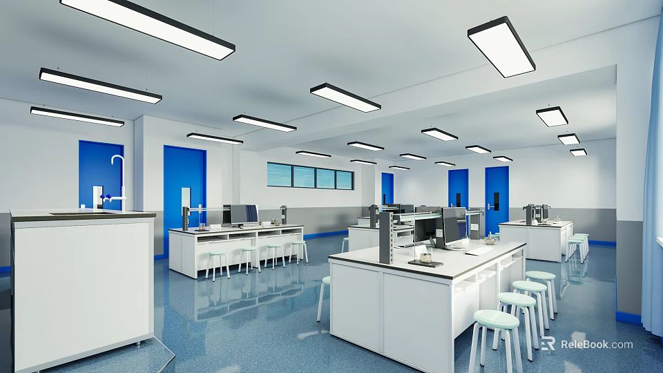 Modern Laboratory Interior With White Lab Benches Computers Lighting And Blue Floor 3d model 