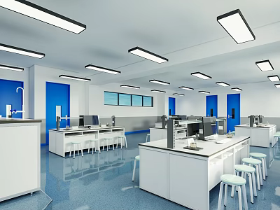 Modern Laboratory Interior With White Lab Benches Computers Lighting And Blue Floor 3d model