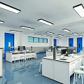 Modern Laboratory Interior With White Lab Benches Computers Lighting And Blue Floor 3d model