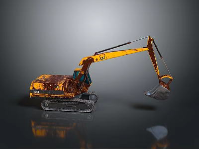 Rusty Yellow Heavy Duty Excavator Utility Vehicle With Tracks And Bucket 3d model