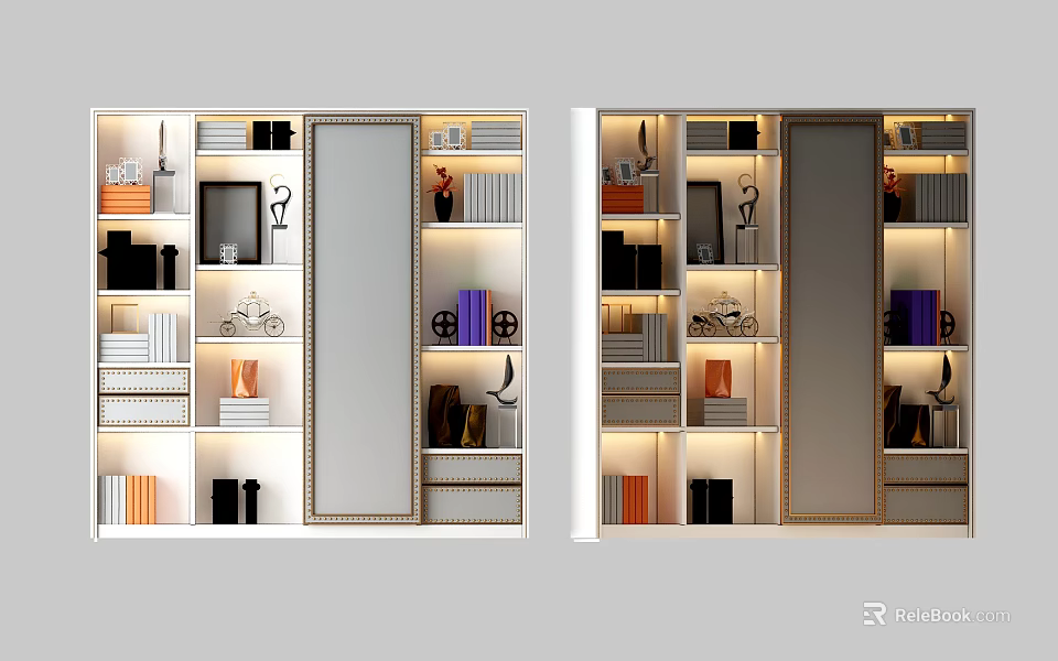 Modern Decorative Cabinet With Open Shelves Lighting And Displayed Books Decor 3d model 