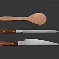 Kitchen Utensils Set With Wooden Handles Metal Accents Sharp Blades And Spoon