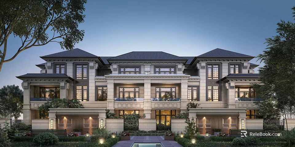 Elegant Traditional Townhouse Exterior With Stone Facade Dark Roof Courtyard Greenery And Outdoor Lighting 3d model 