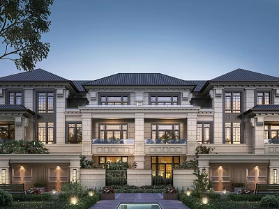 Elegant Traditional Townhouse Exterior With Stone Facade Dark Roof Courtyard Greenery And Outdoor Lighting 3d model