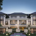 Elegant Traditional Townhouse Exterior With Stone Facade Dark Roof Courtyard Greenery And Outdoor Lighting