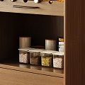 Spice Jars on Wooden Shelf with Transparent Containers and Wooden Lids Storing Various Spices