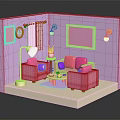 Cartoon Room Scene With Pink Sofas Purple Cushions Coffee Table Floor Lamp And Wall Clock