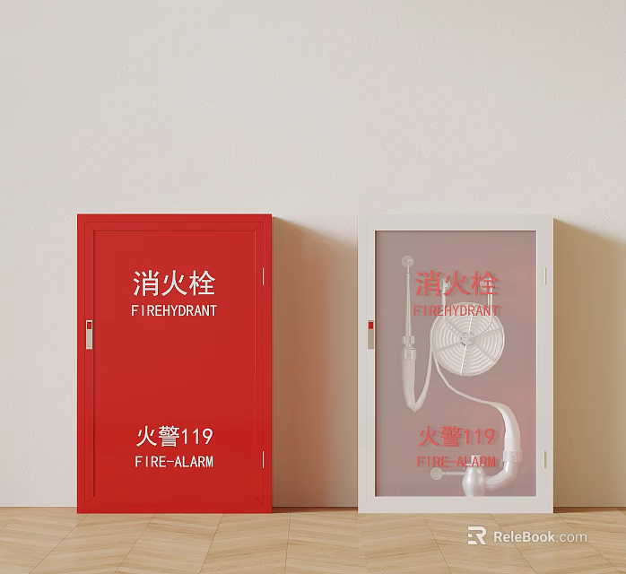 Fire Safety Equipment Red Hydrant and Glass Door Fire Hose Cabinet with Fire Alarm 119 3d model 